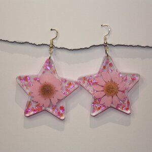 Pink Daisy Reflective Glitter Earrings Hand Crafted